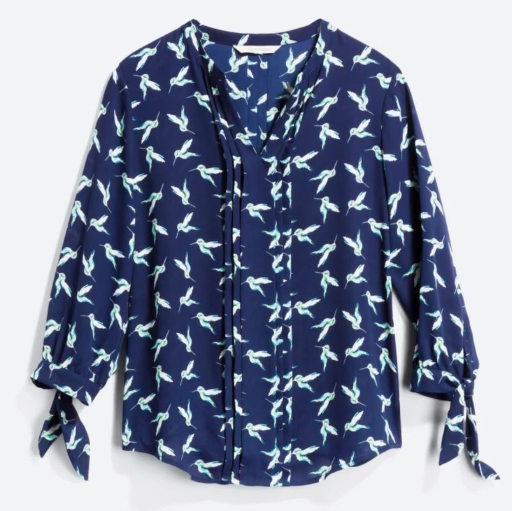 41 Hawthorne Hummingbird Print Melisa Tie Sleeve Detail Blouse Navy M AW-1999